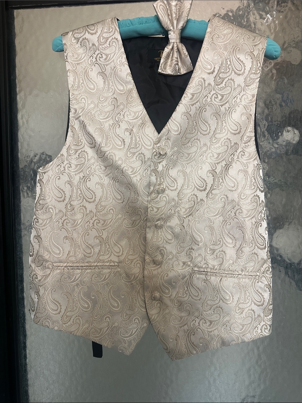 Men's champagne colored Paisley Formal Vest with Matching Bow Tie